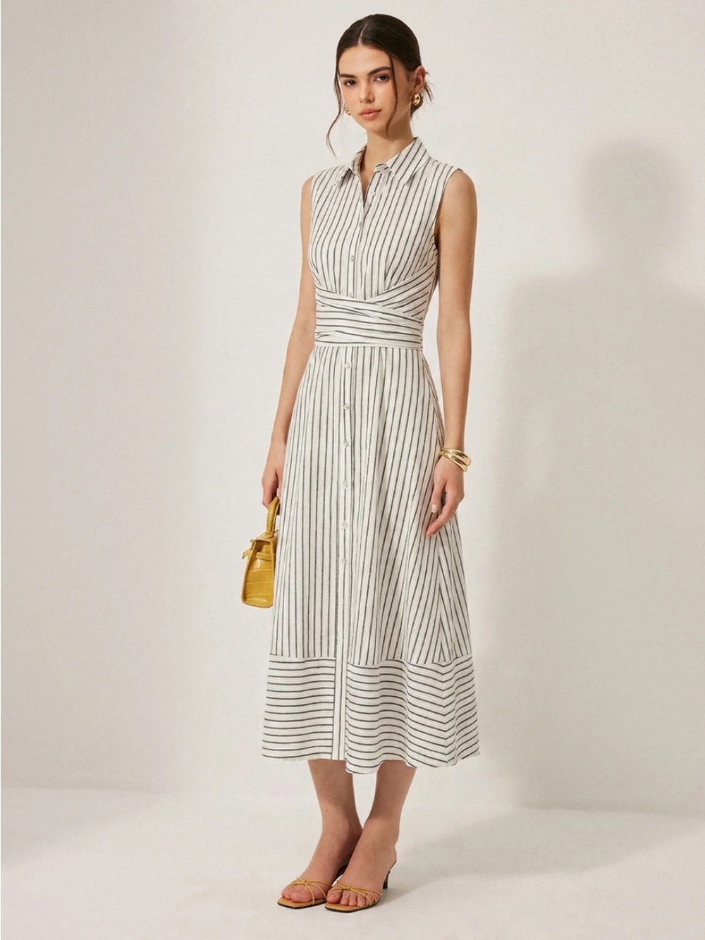 Commense Striped Collared Sleeveless Tie Waist Midi Dress Size Small NWT